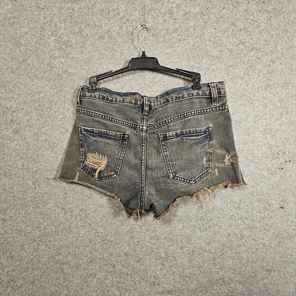 Free People Distressed Frayed Raw Hem Fringe Button Fly Blue Jean Shorts Denim - Picture 6 of 10